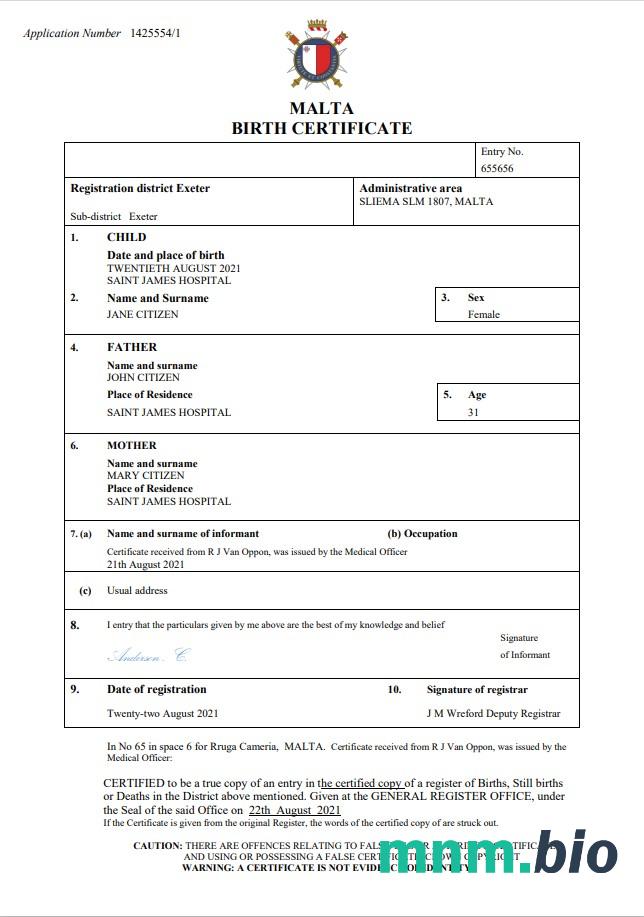 Malta narodziny certyfikat Word i PDF szablon